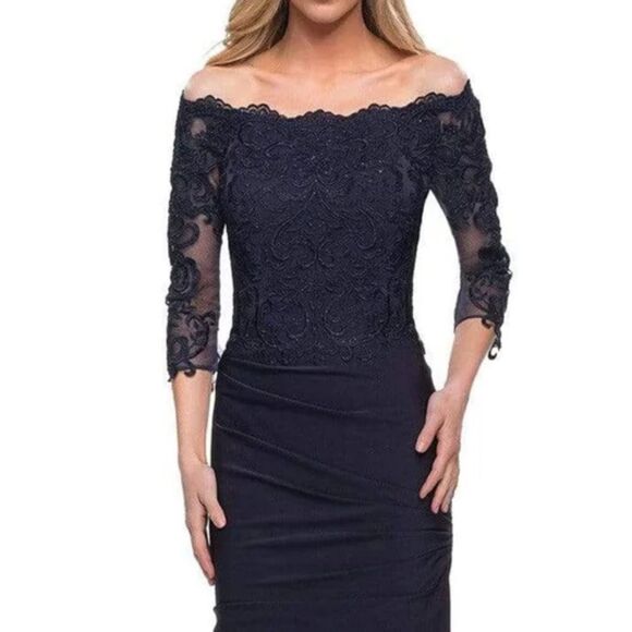 La Femme 29324 Off Shoulder Trumpet Evening Dress Navy size 16 NWT $618 - Picture 4 of 7